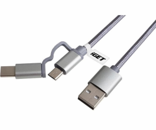 iGET G2V1 USB kabel 2v1, 1m, stříbrný, microUSB i USB-C, ...