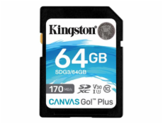 Kingston 64GB SecureDigital Canvas Go! Plus (SDXC) Card, 170R 70W Class 10 UHS-I U3 V30