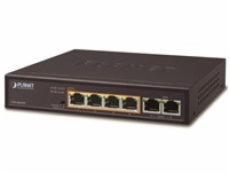 Planet FSD-604HP Switch, 4x PoE 802.3at 60W+ 2x 100Base-TX, VLAN, extend mód 10Mb/s do 250m, fanless, ESD