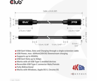 Club3D Predlžovací kábel USB-C, 5Gbps 60W (20V/3A), 4K 60...