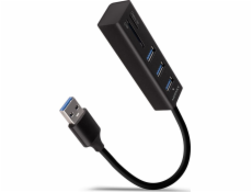 AXAGON HMA-CR3A, USB 3.2 Gen 1 hub, porty 3x USB-A + čtečka karet SD/microSD, kovový, kabel USB-A 20cm