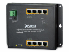 PLANET průmyslový plochý switch L2/L4, 8x1Gb, 2xSFP, PoE 30/240W, dual 48-56VDC, IP30, -40/75°C, fanless