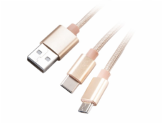 AKASA kabel 2v1 USB Type-A na Micro-B a USB Type-C, 120cm, zlatý