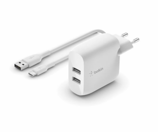 Belkin Duální USB-A nástěnná nabíječka 2x12W, USB-C kabel...