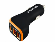 CANYON auto nabíječka C-08, 1xUSB-C (PD 18W) + 2xUSB-A, vstup 12V-24V,výstup 5V-2.4A, Smart IC,CE,RoHS - černo oranžová