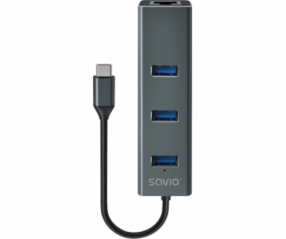 Savio AK-57 USB-C - 3 x USB-A HUB with RJ-45 Gigabit Ethe...