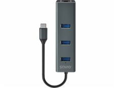 Savio AK-57 USB-C - 3 x USB-A HUB with RJ-45 Gigabit Ethernet adaptér 5000 Mbit/s grey