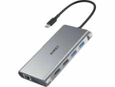 AUKEY CB-C89 aluminiowy Hub USB-C | 10w1 | RJ45 Ethernet 10/100/1000Mbps | 4xUSB | HDMI 4k @ 30Hz | SD aj microSD | USB-C Power Delivery 100W