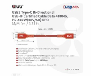 Club3D kabel USB-C, PD 240W(48V/5A) EPR M/M 1m