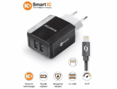 Chytrá síťová nabíječka ALIGATOR 3.4A, 2xUSB, smart IC, černá, kabel pro iPhone/iPad 2A