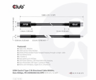 Club3D Kabel USB4 Gen3x2 Type-C Oboustranný kabel 8K60Hz,...