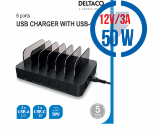 DELTACO DPS-0200, 5x USB A, Nabíjacia stanica, 50W