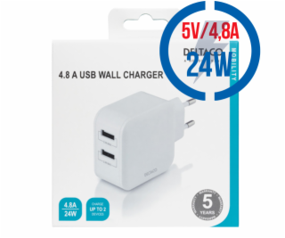 DELTACO USB-AC175, 2x USB A, Nabíjačka, biela