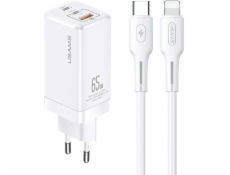 Usams USAMS Charger Lod. síť. MT 2xUSB-C+USB GaN 65W PD + USB-C-Lightning kabel 30W rychlé nabíjení bílá/bílá MTXLOGTL02