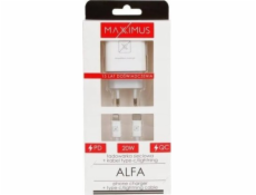 Nabíječka MAXXIMUS ŁAD. NETWORK MX ALFA 20W PD+QC, USB-A+C + KABEL C/LIGHTNING 20W PD, BÍLÁ/BÍLÁ