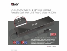 Club3D dokovací stanice USB-C 3.2 Gen1 6in1 Hub 1x USB-C Video, 1x HDMI, 2x USB-A, USB-C PD - nabíjení 100W, RJ45