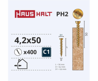 Vruty do dřeva Haushalt, 4,2 x 50 mm, ZN, PH, 400 ks.