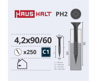 Vruty do dřeva Haushalt, 4,2 x 90/60 mm, PH2, 250 ks.