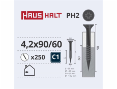 Vruty do dřeva Haushalt, 4,2 x 90/60 mm, PH2, 250 ks.