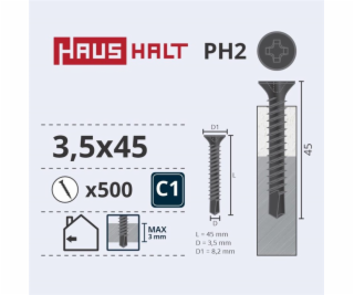 Vruty do dřeva Haushalt, 3,5 x 45 mm, PH2, 500 ks.