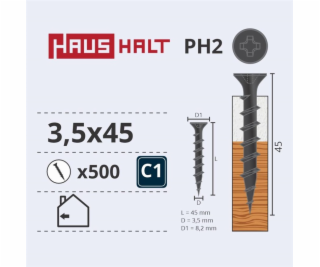 Vruty do dřeva Haushalt, 3,5 x 45 mm, PH2, 500 ks.