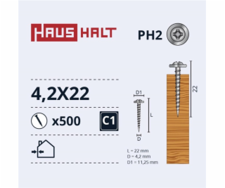 Samořezné šrouby Haushalt, DIN 14566, 4,2 x 22 mm, 500 ks.