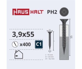Vruty do dřeva Haushalt, 3,9 x 55 mm, PH2, 400 ks.