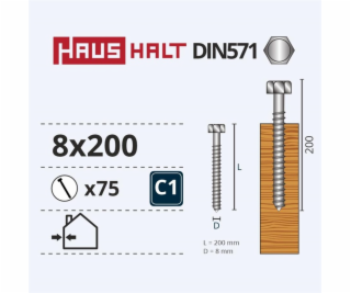 Vruty do dřeva Haushalt, DIN571, 8,0 x 200 mm, ZN, 75 ks.