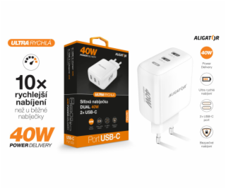 Chytrá síťová nabíječka ALIGATOR Power Delivery 40W, 2xUS...