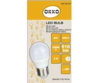 LED žárovka OKKO, G45, E27, 6 W, 510 lm, 3000 K