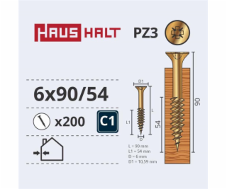 Vruty do dřeva Haushalt, 6 x 90/50 mm, ZN, PZ3, 200 ks.