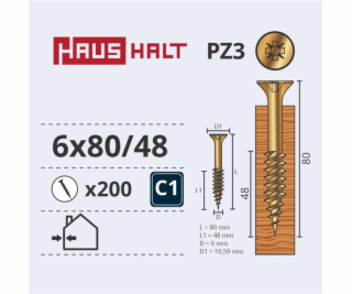 Vruty do dřeva Haushalt, 6 x 80/48 mm, ZN, PZ3, 200 ks.