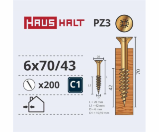 Vruty do dřeva Haushalt, 6 x 70/42 mm, ZN, PZ3, 200 ks.