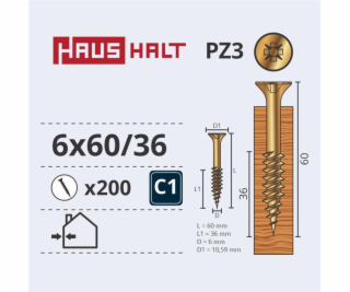 Vruty do dřeva Haushalt, 6 x 60/36 mm, ZN, PZ3, 200 ks.
