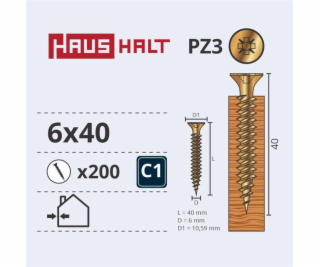 Vruty do dřeva Haushalt, 6 x 40 mm, ZN, PZ3, 200 ks.
