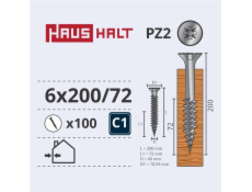 Vruty do dřeva Haushalt, 6 x 200/72 mm, ZN, PZ3, 100 ks.