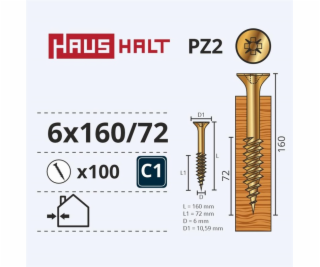 Vruty do dřeva Haushalt, 6 x 160/72 mm, ZN, PZ3, 100 ks.