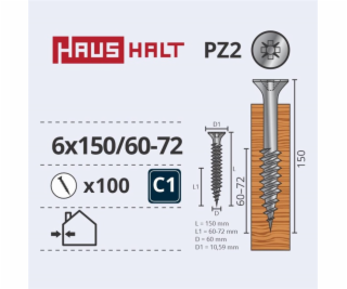 Vruty do dřeva Haushalt, 6 x 150/60-72 mm, ZN, PZ3, 100 ks.