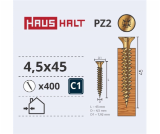Vruty do dřeva Haushalt, 4,5 x 45 mm, ZN, PZ2, 400 ks.