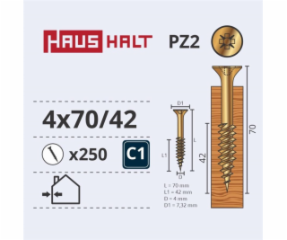 Vruty do dřeva Haushalt, 4 x 70/42 mm, ZN, PZ2, 250 ks.