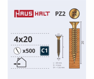 Vruty do dřeva Haushalt, 4 x 20 mm, ZN, PZ2, 500 ks.