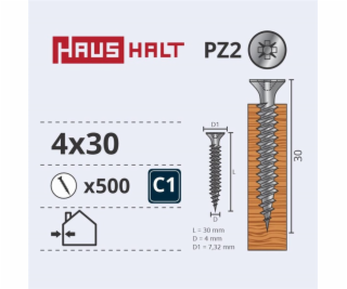 Vruty do dřeva Haushalt, 4 x 30 mm, ZN, PZ2, 500 ks.