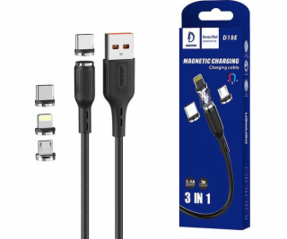 Denmen USB-A - USB-C + microUSB + Lightning kabel 1 m Čer...