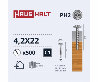 Samořezné šrouby Haushalt, DIN 14566, 4,2 x 22 mm, 500 ks.