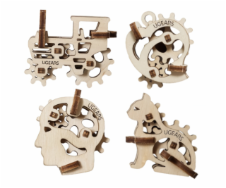 Ugears 3D dřevěné mechanické puzzle 4 mechanické přívěšky...