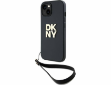 DKNY PU Leather Stack Logo Wrist Strap Zadní Kryt pro iPhone 15 Black