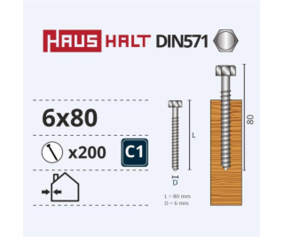 Vruty do dřeva Haushalt, DIN571, 6,0 x 80 mm, ZN, 200 ks.