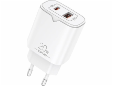 Sieťová nabíjačka VFAN E08, USB + USB-C, 20W PD + QC 3.0 (biela)