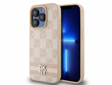 DKNY DKHCP15LPCPTSSP iPhone 15 Pre 6.1 ružové/ružové pevné puzdro Kožený kockovaný mono vzor a tlačené pruhy