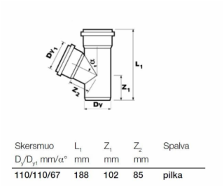 T-kus pro vnitřní kanalizaci Wavin, O 110 / 110 mm, 67°